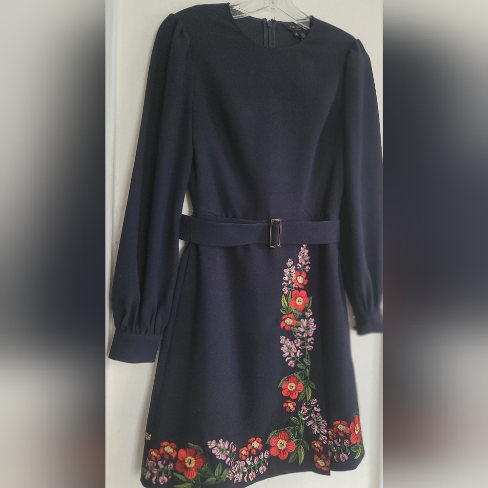 Ted Baker London Silia Kirstenbosch Embroidered Dress Blue Belt Long Sleeve XS - Picture 5 of 16
